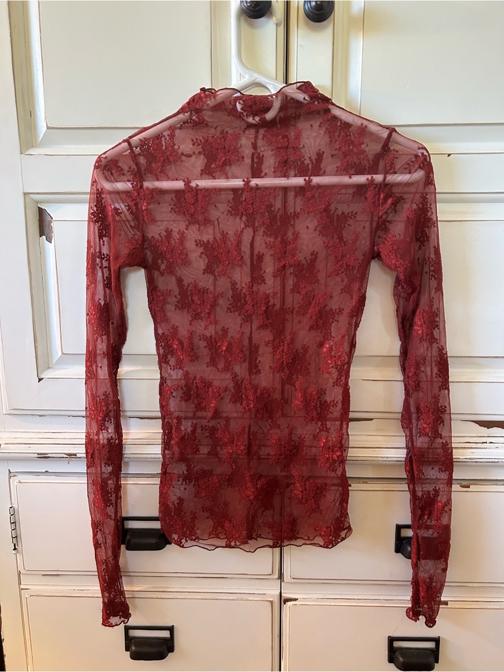 Free People Sheer Floral Lace Long-Sleeve Top - Burgundy Red